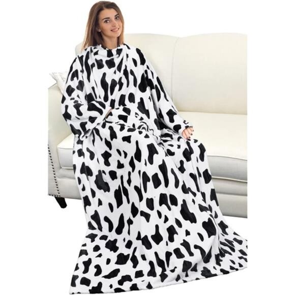 Cow Print Wearable Blanket with Sleeves and Pocket, Cozy Soft Fleece Mink Plush - Picture 1 of 7